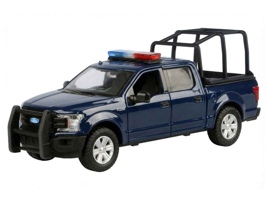 2019 Ford F-150 Lariat Crew Cab Pickup Truck with Bed Cage Dark Blue with Flashing Light Bar and Front and Rear Lights and Sounds 1/27 Diecast Model Car by Motormax