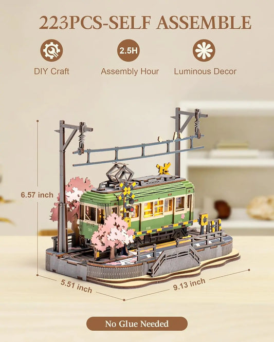 Masaverse Robotime Sakura Tram 3D Wooden Puzzle | LED DIY Kit — Adult Gift