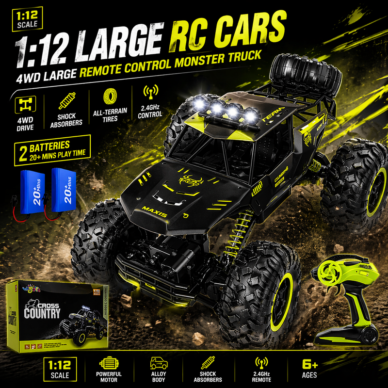 1:12 Large RC Cars, 4WD Large Remote Control Monster Truck 2.4 Ghz Alloy RC Cars for Kids Adults Aged 6 + Birthday Gifts (Gold)