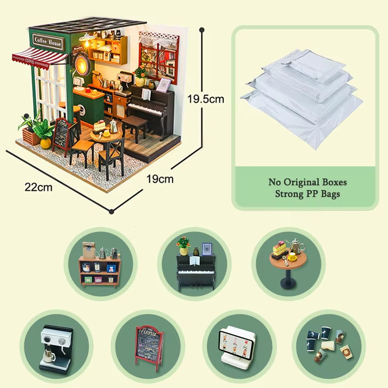 DIY 3D Puzzles Wooden Toy Miniature Dollhouse Handmade Doll House Model Building Kits Coffee House Toys for Children Gifts