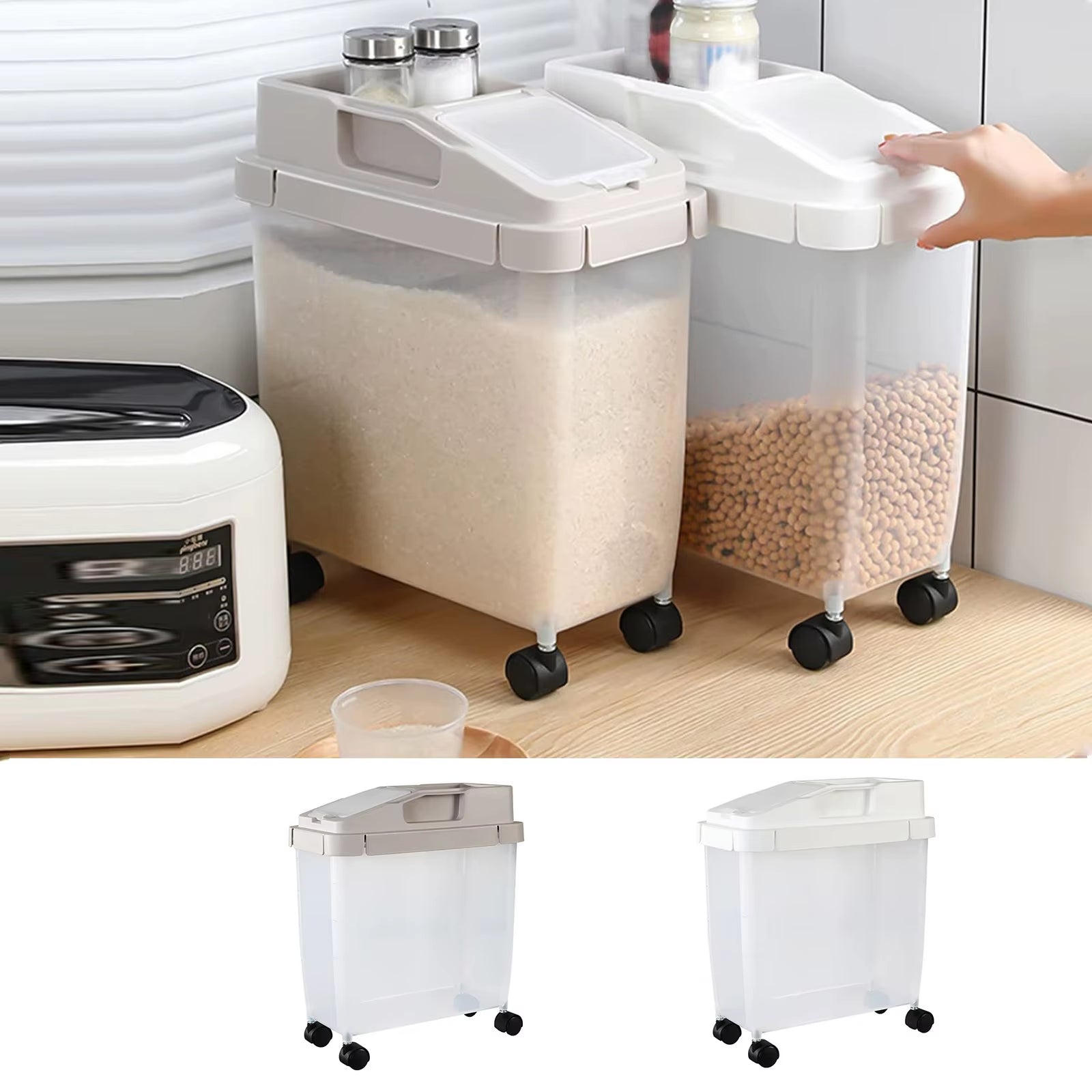 Large Airtight 20Lb Rice Container Food Storage Cereal Container Pet Dog Food Container with Wheels + Hot Dog Storage for Fridge