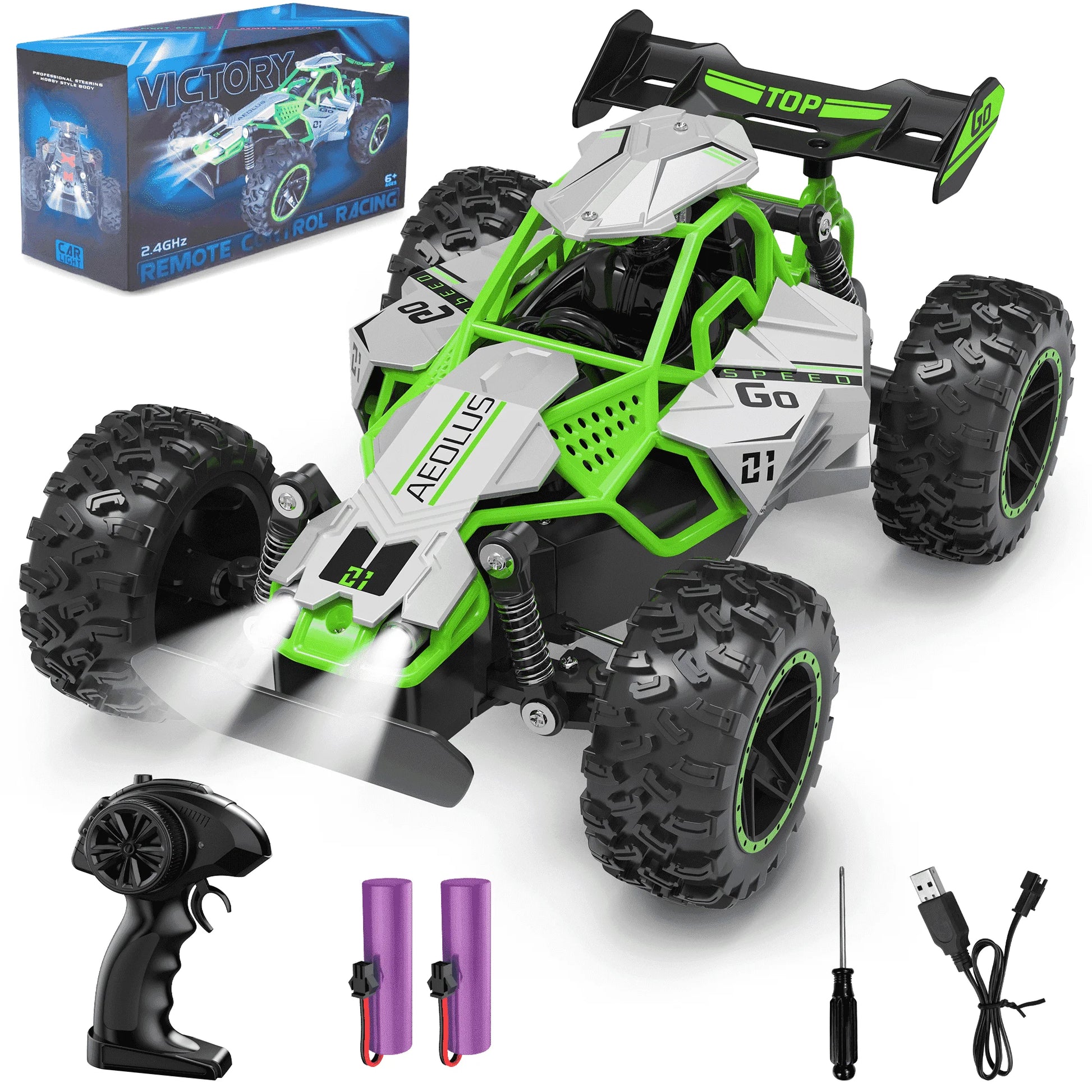 Remote Control Car, 2.4Ghz High Speed RC Cars Toys, 15MPH RC Truck off Road with LED Headlight,Christmas Birthday Gifts for 8 11 Year Old Boys Kids,Green