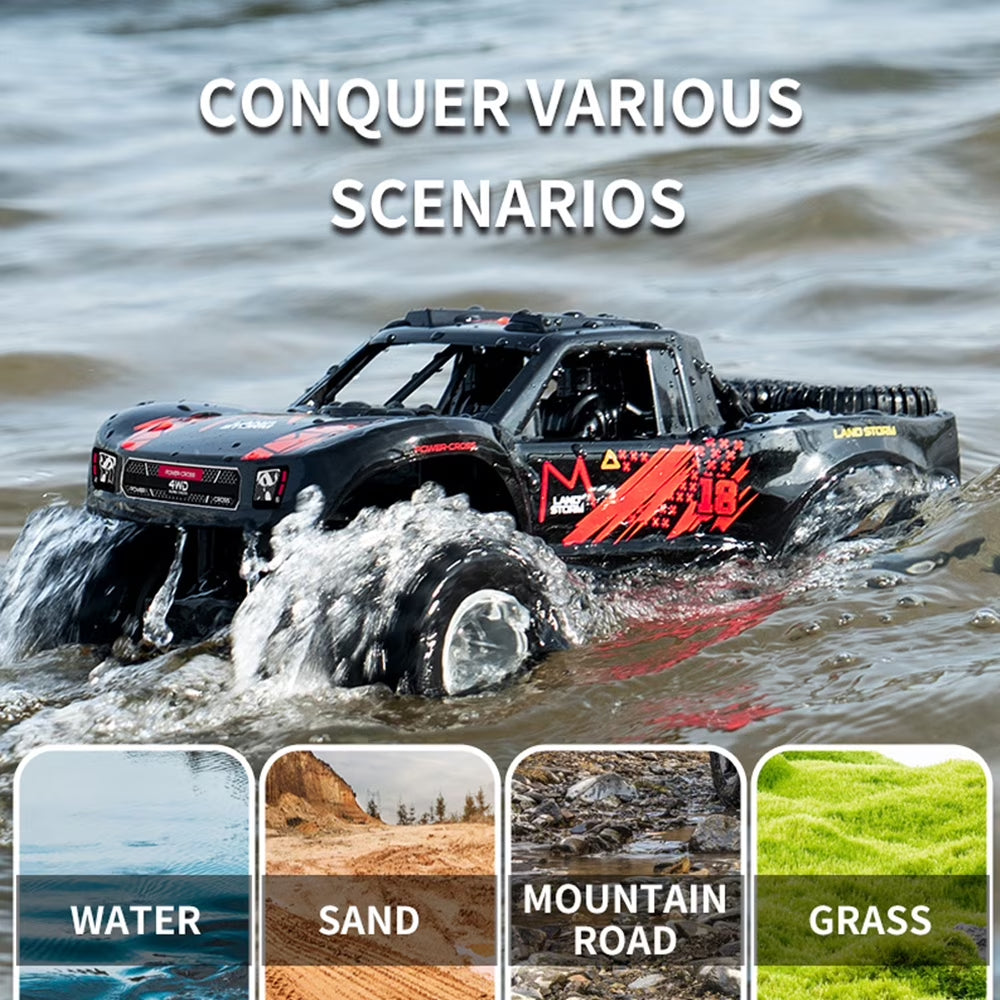 Amphibious Remote Control Car Truck Toys, 1:16 All Terrain 4WD Off-Road RC Car Waterproof, RC Monster Truck for Boys/Girls, Kids Pool Toys Gifts, Red , 2 Batteries