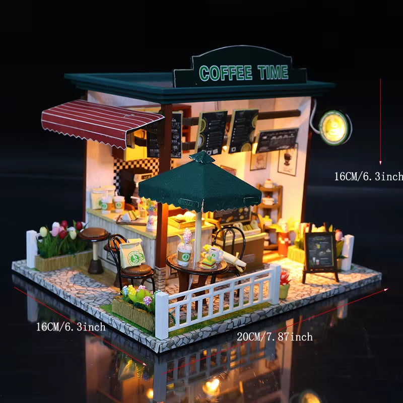 DIY 3D Puzzles Wooden Toy Miniature Dollhouse Handmade Doll House Model Building Kits Coffee House Toys for Children Gifts