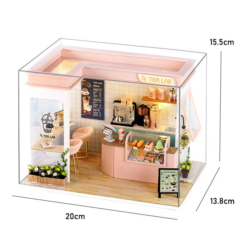 DIY 3D Puzzles Wooden Toy Miniature Dollhouse Handmade Doll House Model Building Kits Coffee House Toys for Children Gifts