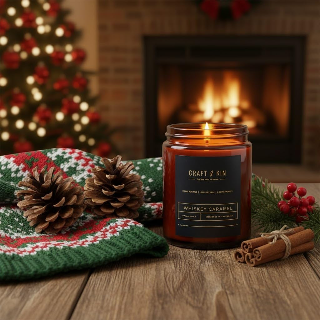 Craft & Kin Christmas Scented Candles for Men | Premium Whiskey Caramel Winter Candle | All-Natural Scent for Home | Long Lasting Holiday Candles with 45 Hour Burn Time, 8Oz