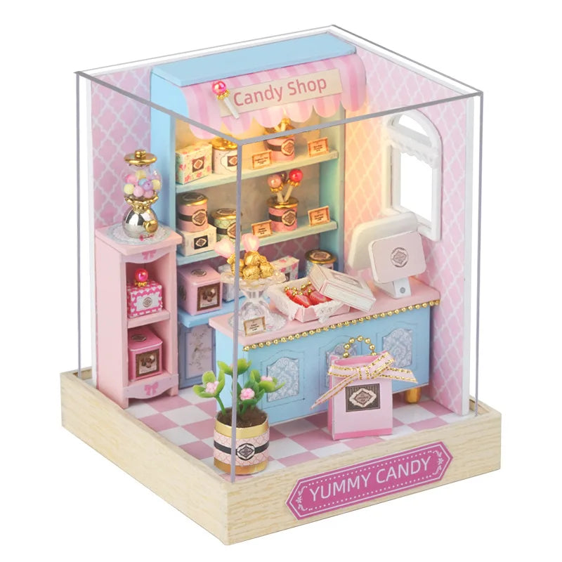 DIY 3D Puzzles Wooden Toy Miniature Dollhouse Handmade Doll House Model Building Kits Coffee House Toys for Children Gifts