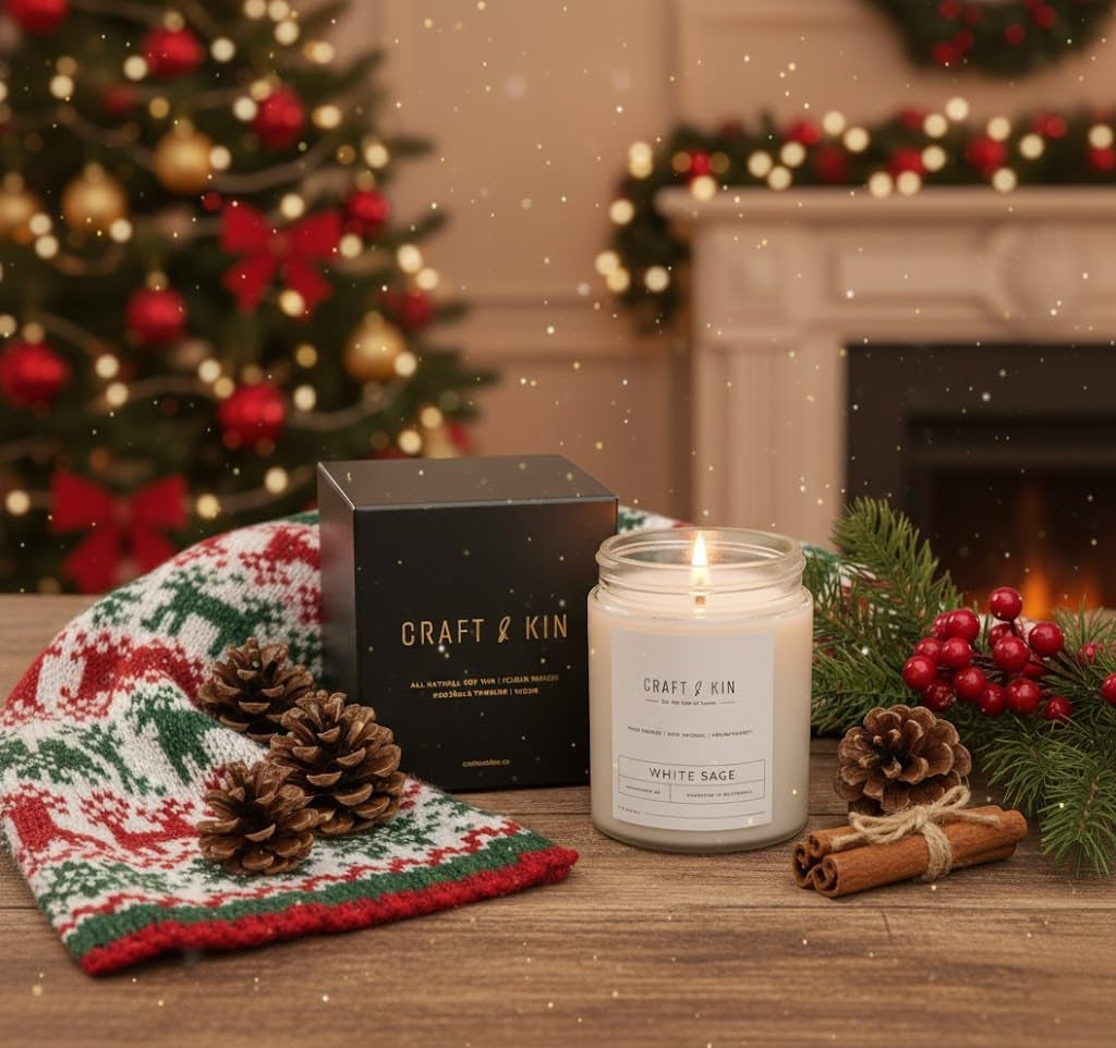 Craft & Kin White Sage Christmas Scented Candles for Cleansing | 8 Oz 45 Hour Long Lasting Holiday Candle | Classic Soy Woodwick Winter Candles | Made with Natural Soy | Gifts for Men and Women
