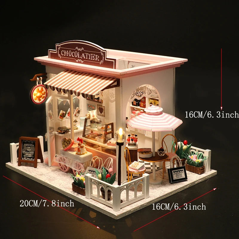 DIY 3D Puzzles Wooden Toy Miniature Dollhouse Handmade Doll House Model Building Kits Coffee House Toys for Children Gifts