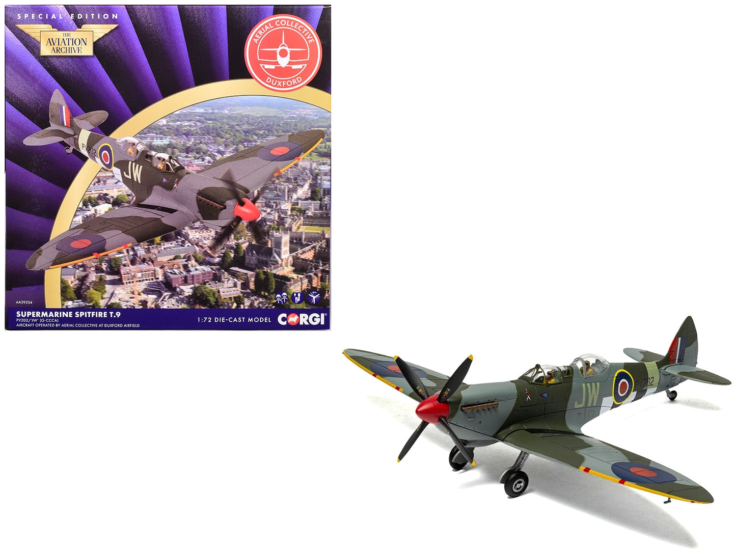 Supermarine Spitfire T.9 Aircraft "PV202 Aerial Collective at Duxford Airfield" British Royal Air Force "The Aviation Archive" Series 1/72 Diecast Model by Corgi