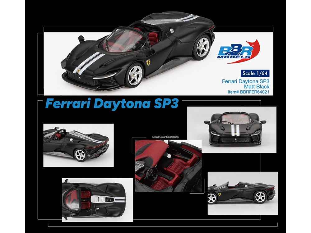 BBR Ferrari Daytona SP3 Matt Black White Stripes Red Interior 1:64