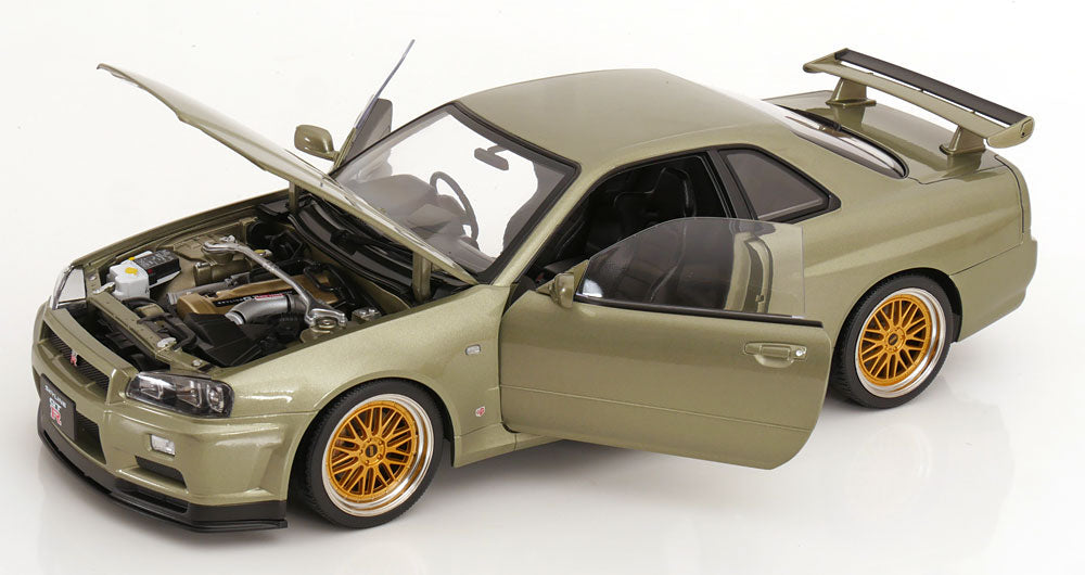 KK Scale 2001 Nissan Skyline GT-R R34 V-Spec II w/ Gold BBS Jade Green Metallic 1:12