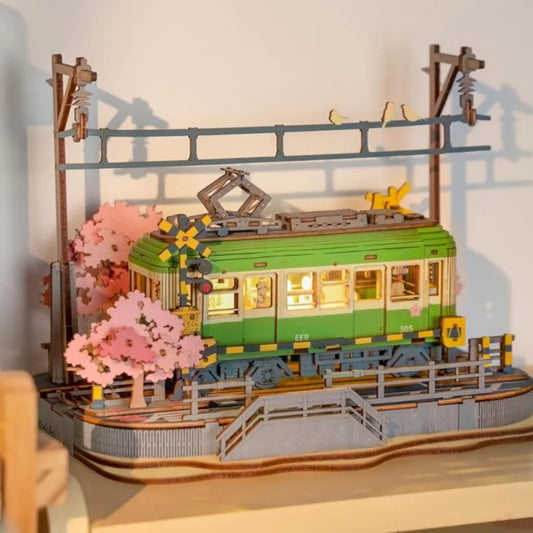 Masaverse Robotime Sakura Tram 3D Wooden Puzzle | LED DIY Kit — Adult Gift