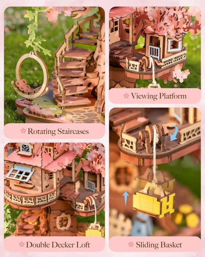 Robotime Rolife Sakura Tree House 3D Wooden Puzzle Model Kit with Swing Stairs Perfect Christmas Home Decor DIY Gift for Adults