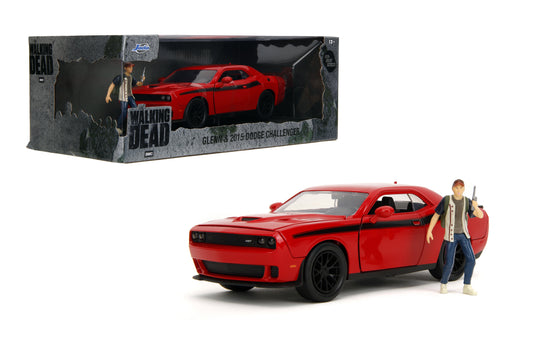 Jada the Walking Dead 1:24 Die-Cast 2015 Dodge Challenger with Glenn Figure – Opening Doors, Hood, Trunk, Ages 13+, Model Vehicles