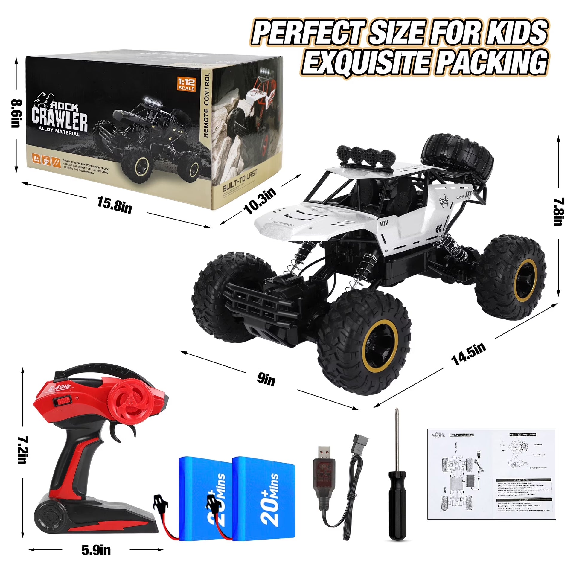 1:12 Large RC Cars,4Wd Large Remote Control Monster Truck 2.4 Ghz Alloy RC Cars for Kids Adults Aged 6 + Birthday Gifts (Silver)