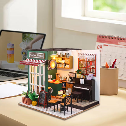 DIY 3D Puzzles Wooden Toy Miniature Dollhouse Handmade Doll House Model Building Kits Coffee House Toys for Children Gifts