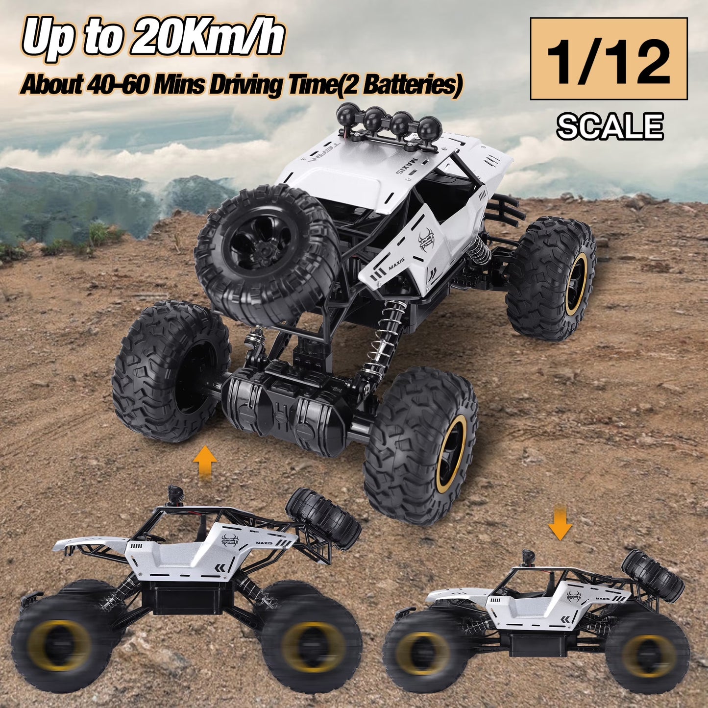 1:12 Large RC Cars,4Wd Large Remote Control Monster Truck 2.4 Ghz Alloy RC Cars for Kids Adults Aged 6 + Birthday Gifts (Silver)