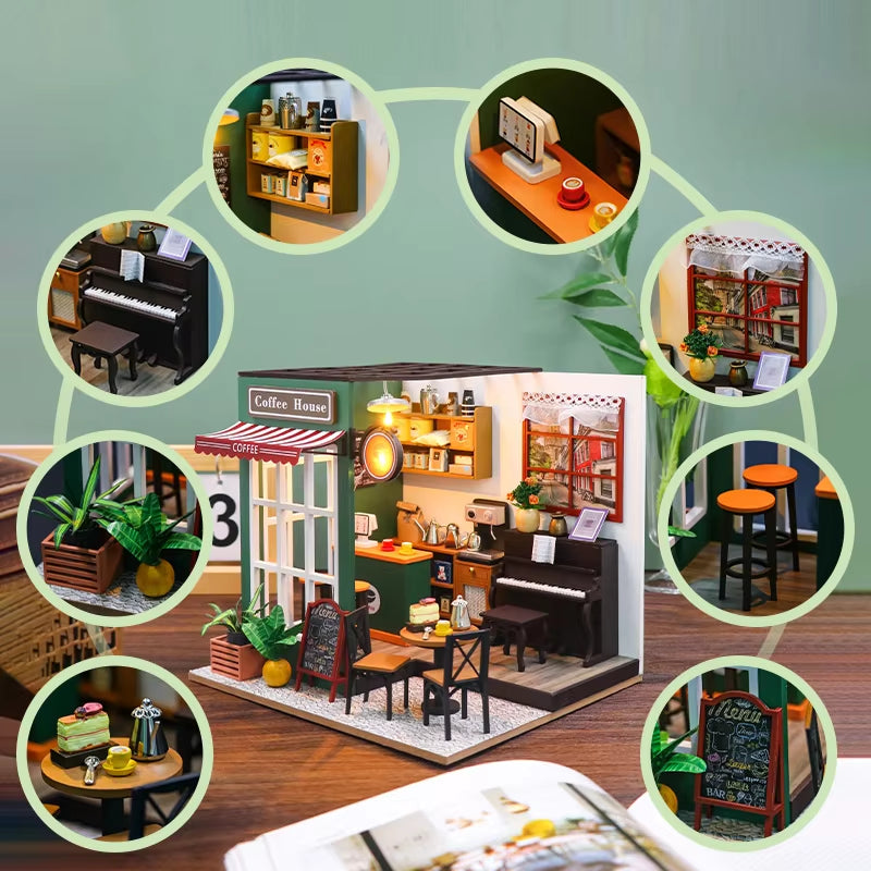 DIY 3D Puzzles Wooden Toy Miniature Dollhouse Handmade Doll House Model Building Kits Coffee House Toys for Children Gifts