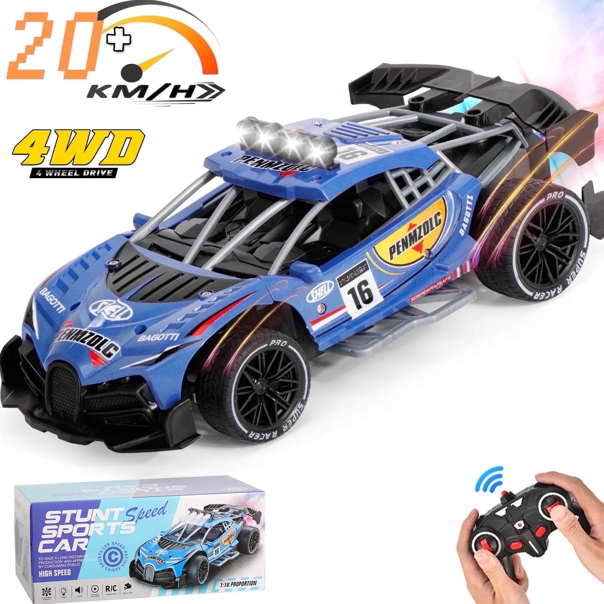 1:16 Remote Control Car, 4WD RC Drift Car with Lights and Spray Function, All Terrain off Road RC Vehicle for Kids