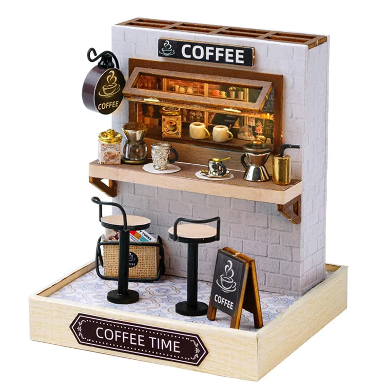 DIY 3D Puzzles Wooden Toy Miniature Dollhouse Handmade Doll House Model Building Kits Coffee House Toys for Children Gifts