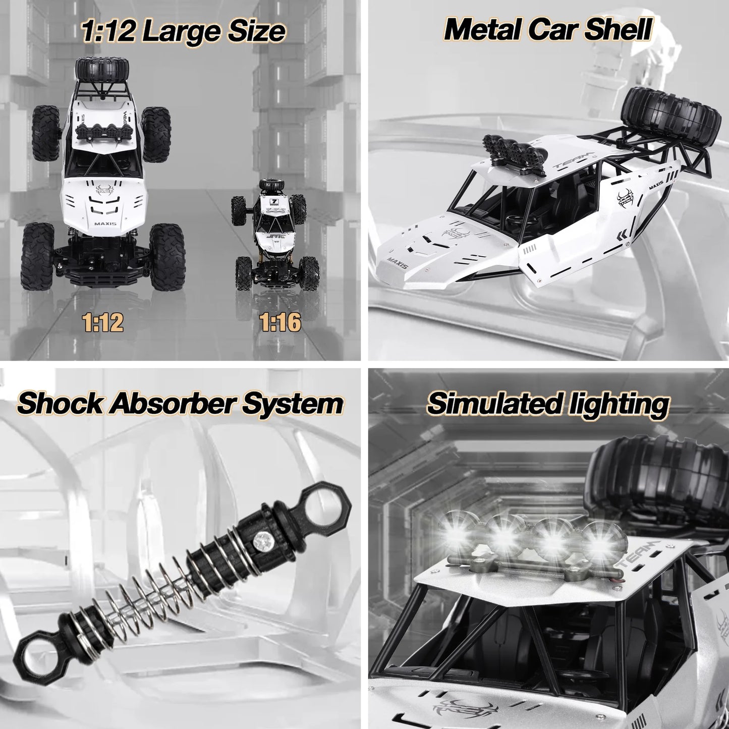 1:12 Large RC Cars,4Wd Large Remote Control Monster Truck 2.4 Ghz Alloy RC Cars for Kids Adults Aged 6 + Birthday Gifts (Silver)
