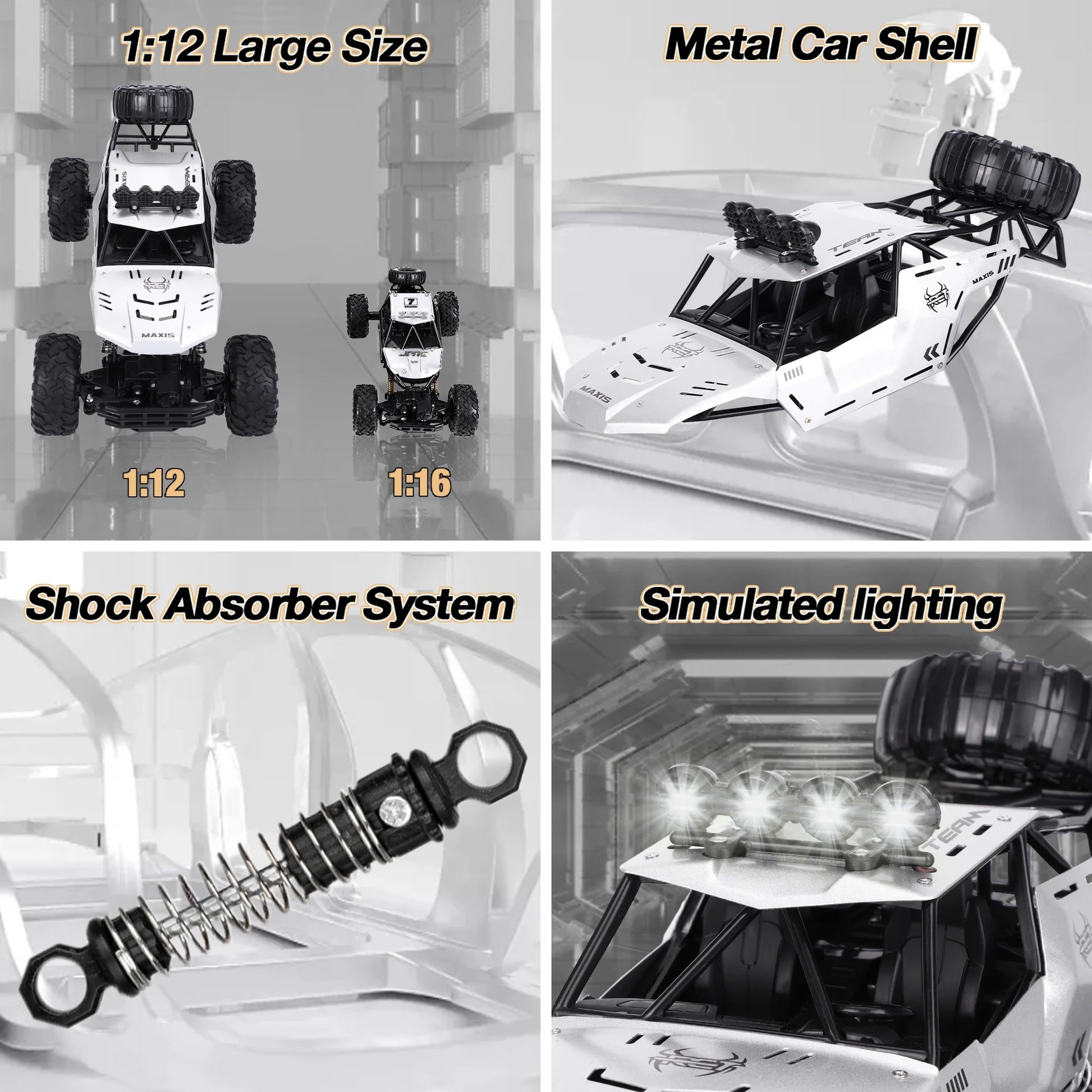 1:12 Large RC Cars,4Wd Large Remote Control Monster Truck 2.4 Ghz Alloy RC Cars for Kids Adults Aged 6 + Birthday Gifts (Silver)