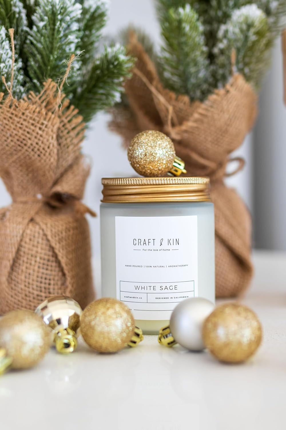 Craft & Kin White Sage Christmas Scented Candles for Cleansing | 8 Oz 45 Hour Long Lasting Holiday Candle | Classic Soy Woodwick Winter Candles | Made with Natural Soy | Gifts for Men and Women
