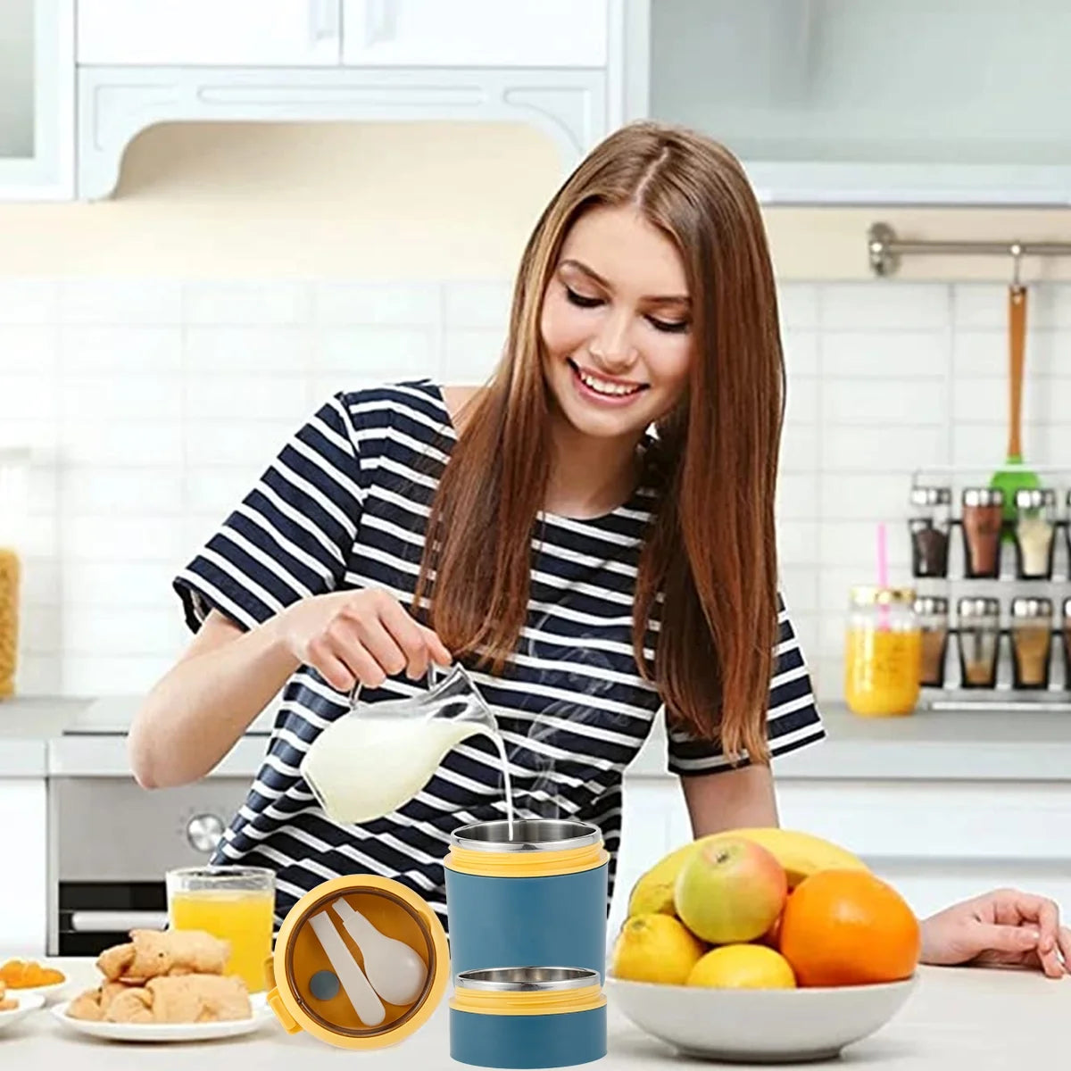 Vacuum Insulated Food Jar for Kids with Foldable Spoon,24 Oz Stainless Steel Thermal Food Container Food Thermos Soup Cup