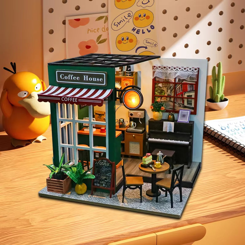 DIY 3D Puzzles Wooden Toy Miniature Dollhouse Handmade Doll House Model Building Kits Coffee House Toys for Children Gifts
