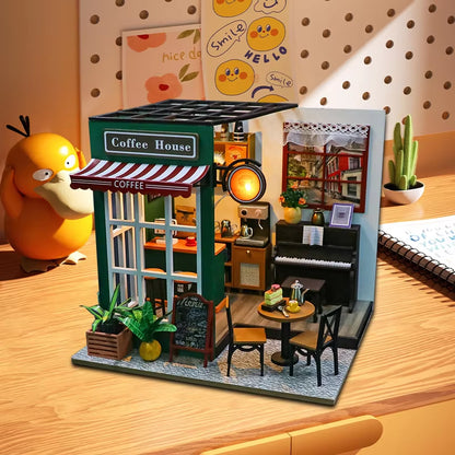 DIY 3D Puzzles Wooden Toy Miniature Dollhouse Handmade Doll House Model Building Kits Coffee House Toys for Children Gifts