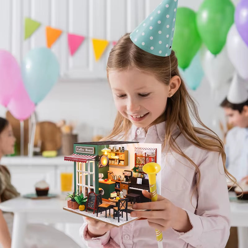 DIY 3D Puzzles Wooden Toy Miniature Dollhouse Handmade Doll House Model Building Kits Coffee House Toys for Children Gifts