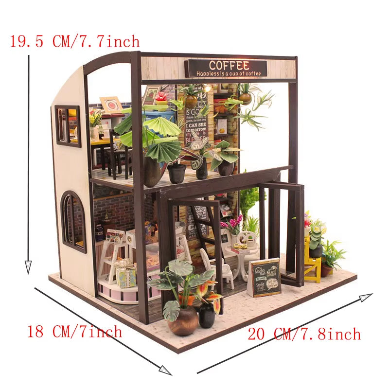 DIY 3D Puzzles Wooden Toy Miniature Dollhouse Handmade Doll House Model Building Kits Coffee House Toys for Children Gifts