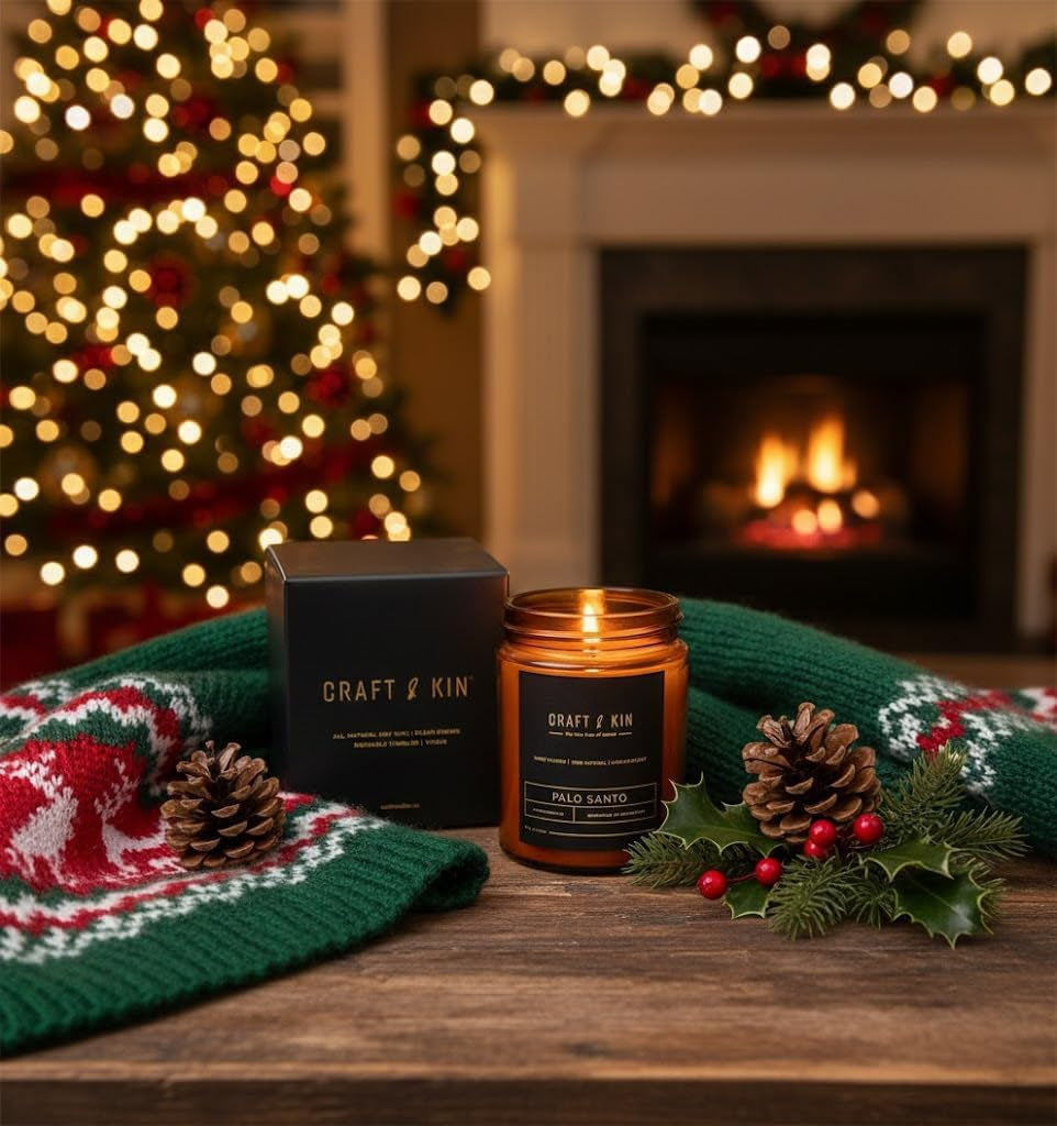 Craft & Kin Christmas Scented Candle for Men | Palo Santo Holiday Candle | All-Natural Scent for Home | Long Lasting Winter Candles, 45-Hour Burn Time, 8Oz
